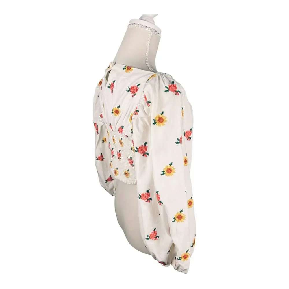 Farm Rio Mixed Cross Stitch Flowers Embroidered Crop Top Puff Sleeve Bow M NWT